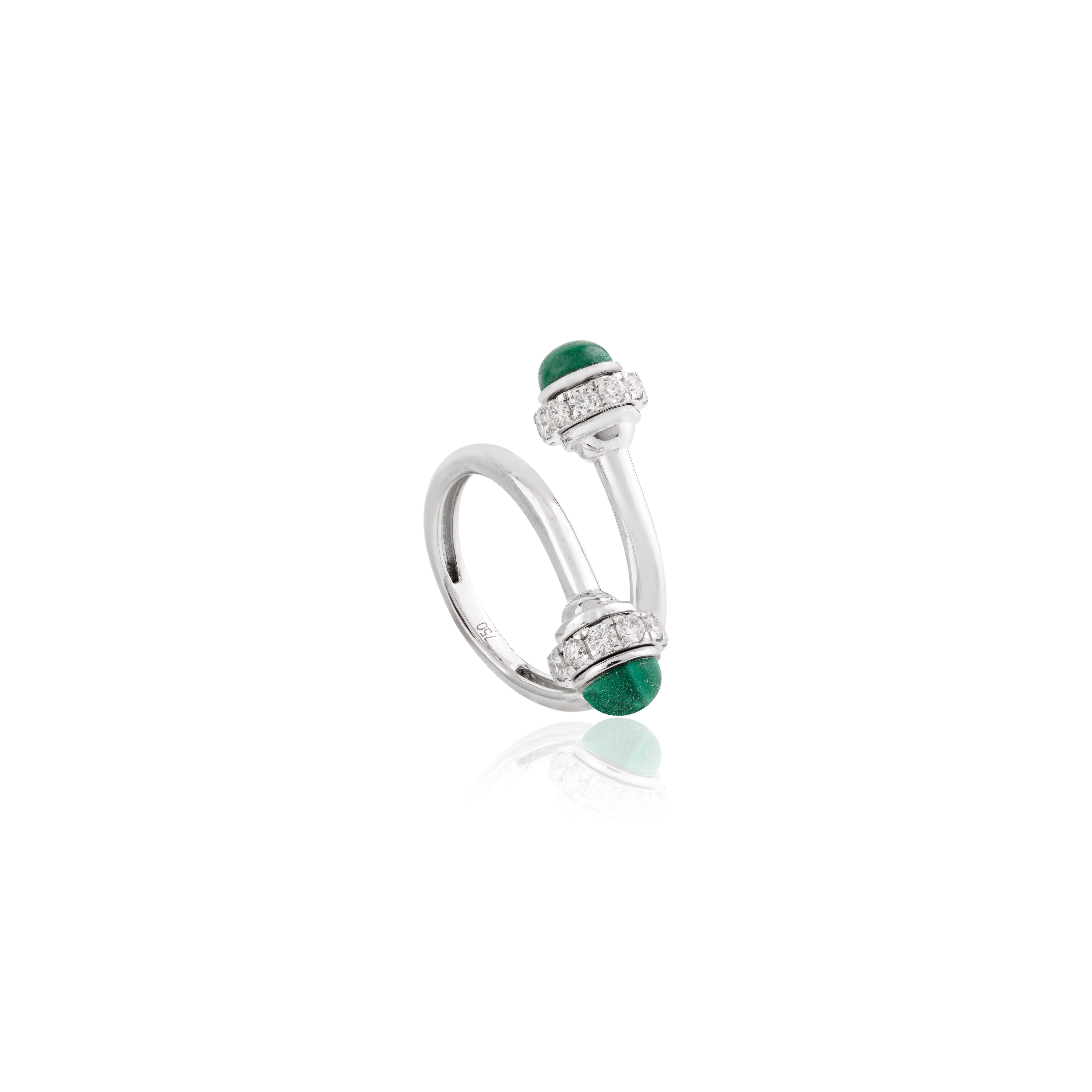 For Sale:  18k Solid White Gold Possession Malachite Diamond Open Ring Fine Jewelry 9