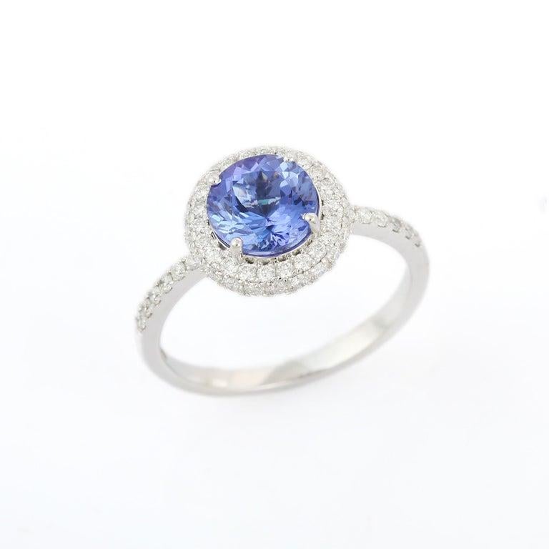 En venta: Anillo Halo de Tanzanita y Diamante en Oro Blanco Macizo de 18k Fina Joyería  11