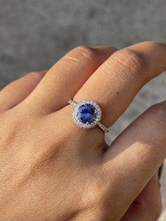 18k Solid White Gold Round Cut Tanzanite and Diamond Halo Ring Fine Jewelry
