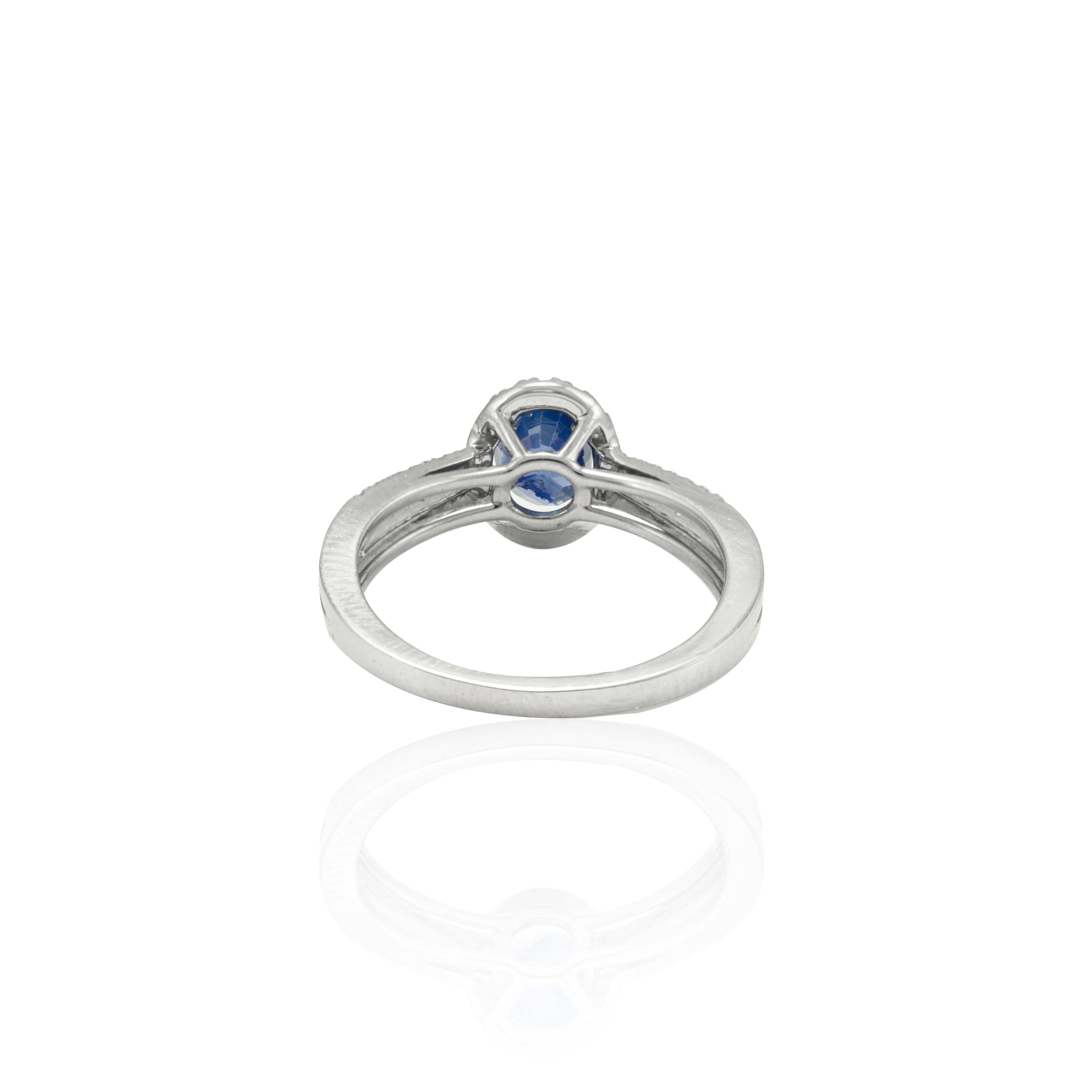 For Sale:  18k Solid White Gold Certified Blue Sapphire and Diamond Engagement Ring 7