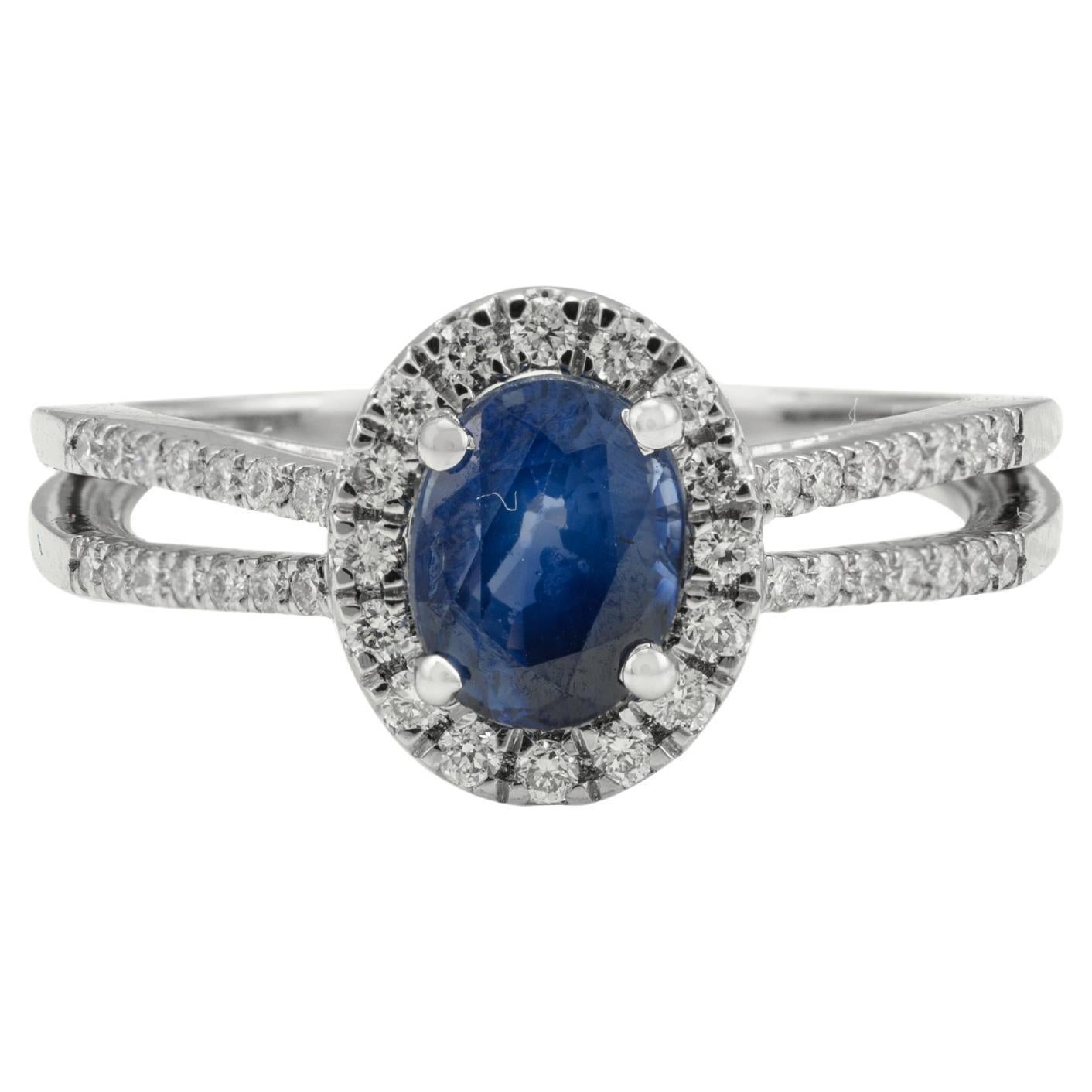 For Sale:  18k Solid White Gold Certified Blue Sapphire and Diamond Engagement Ring