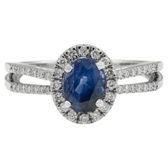 18k Solid White Gold Certified Blue Sapphire and Diamond Engagement Ring