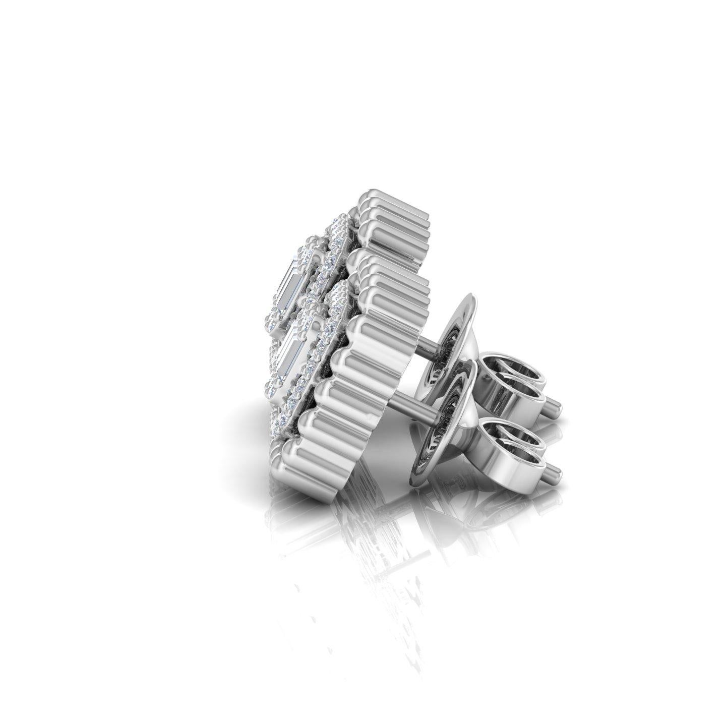 Art Deco 18k Solid White Gold SI Clarity HI Color Diamond Halo Rectangular Stud Earrings For Sale