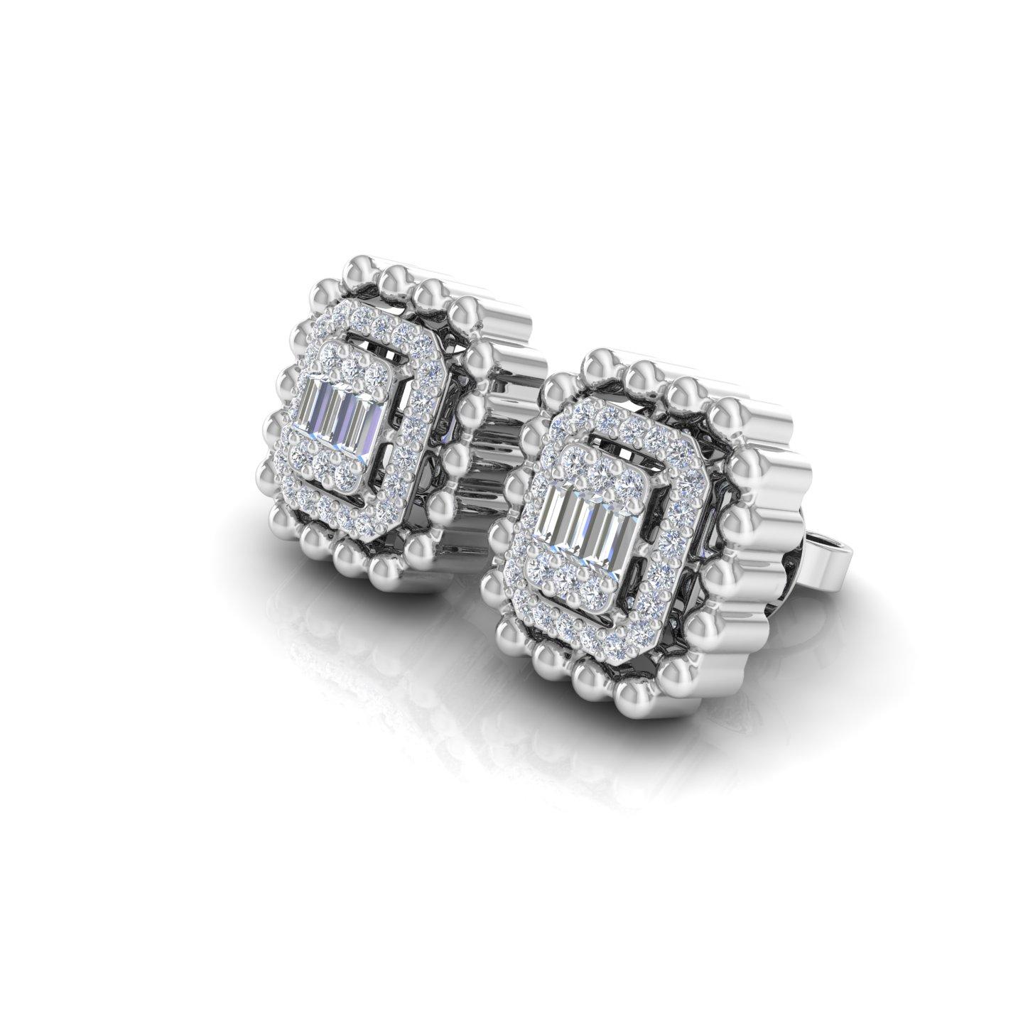 Mixed Cut 18k Solid White Gold SI Clarity HI Color Diamond Halo Rectangular Stud Earrings For Sale