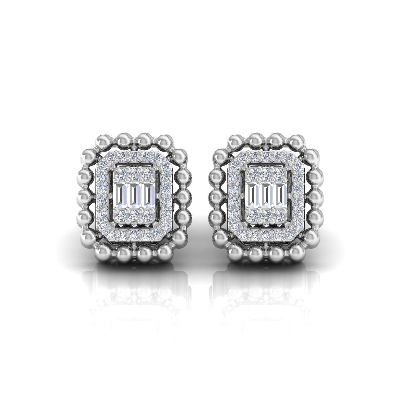 18k Solid White Gold SI Clarity HI Color Diamond Halo Rectangular Stud Earrings In New Condition For Sale In Diera, Dubai