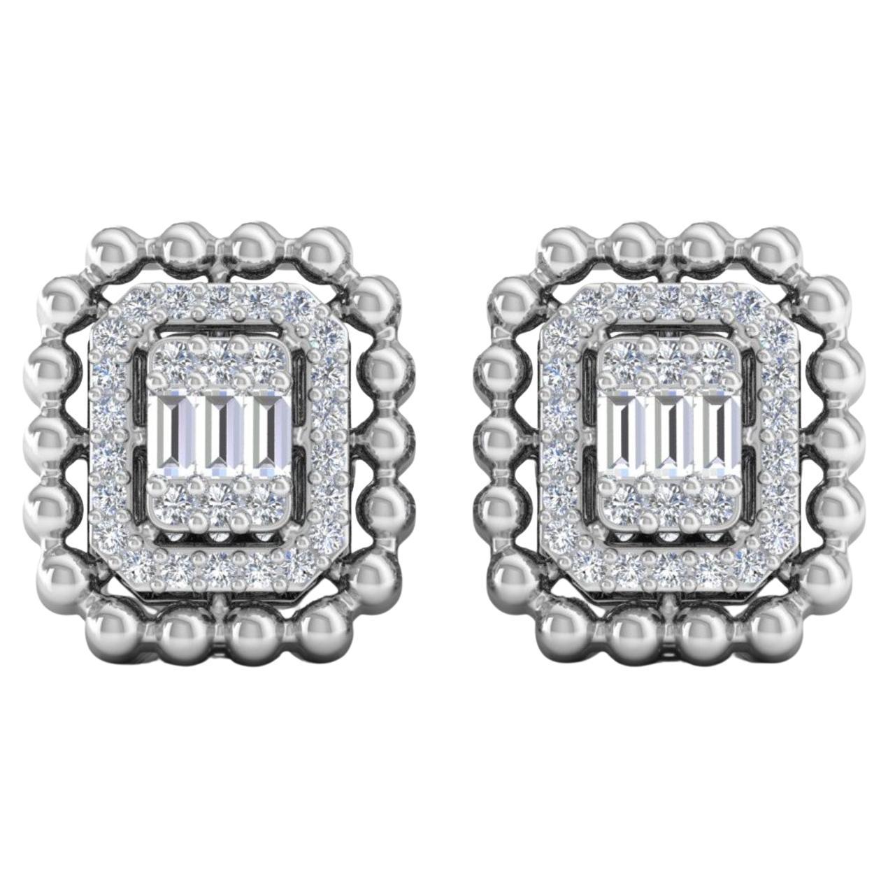 18k Solid White Gold SI Clarity HI Color Diamond Halo Rectangular Stud Earrings