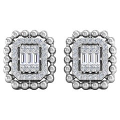 18k Solid White Gold SI Clarity HI Color Diamond Halo Rectangular Stud Earrings