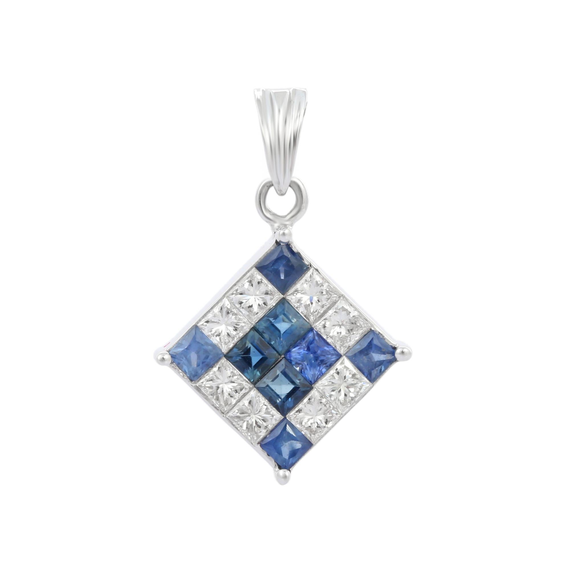 Romantique Pendentif en or blanc massif 18 carats avec saphir bleu de forme carrée et diamants en vente