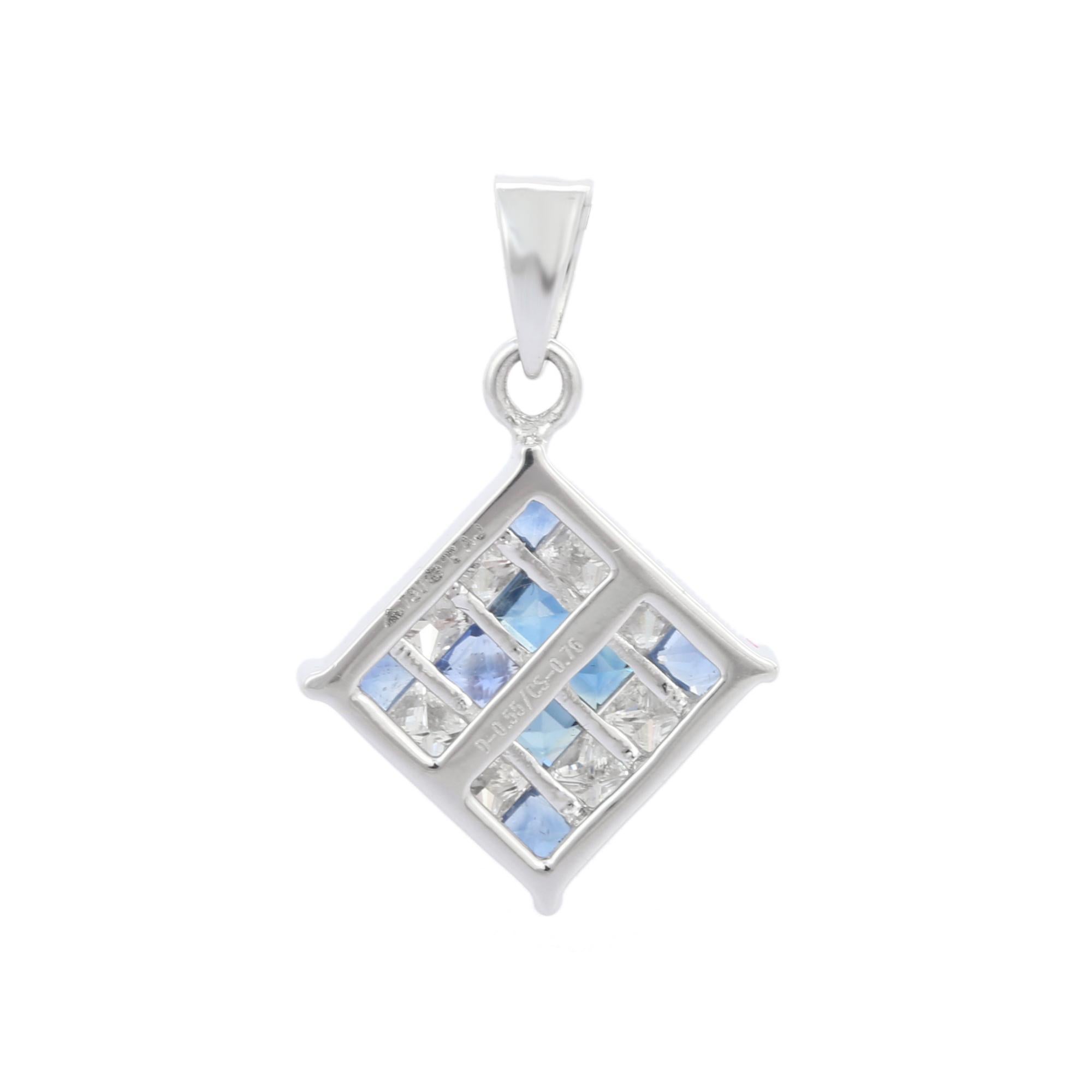 Romantic 18K Solid White Gold Square Shape Blue Sapphire with Diamonds Pendant For Sale