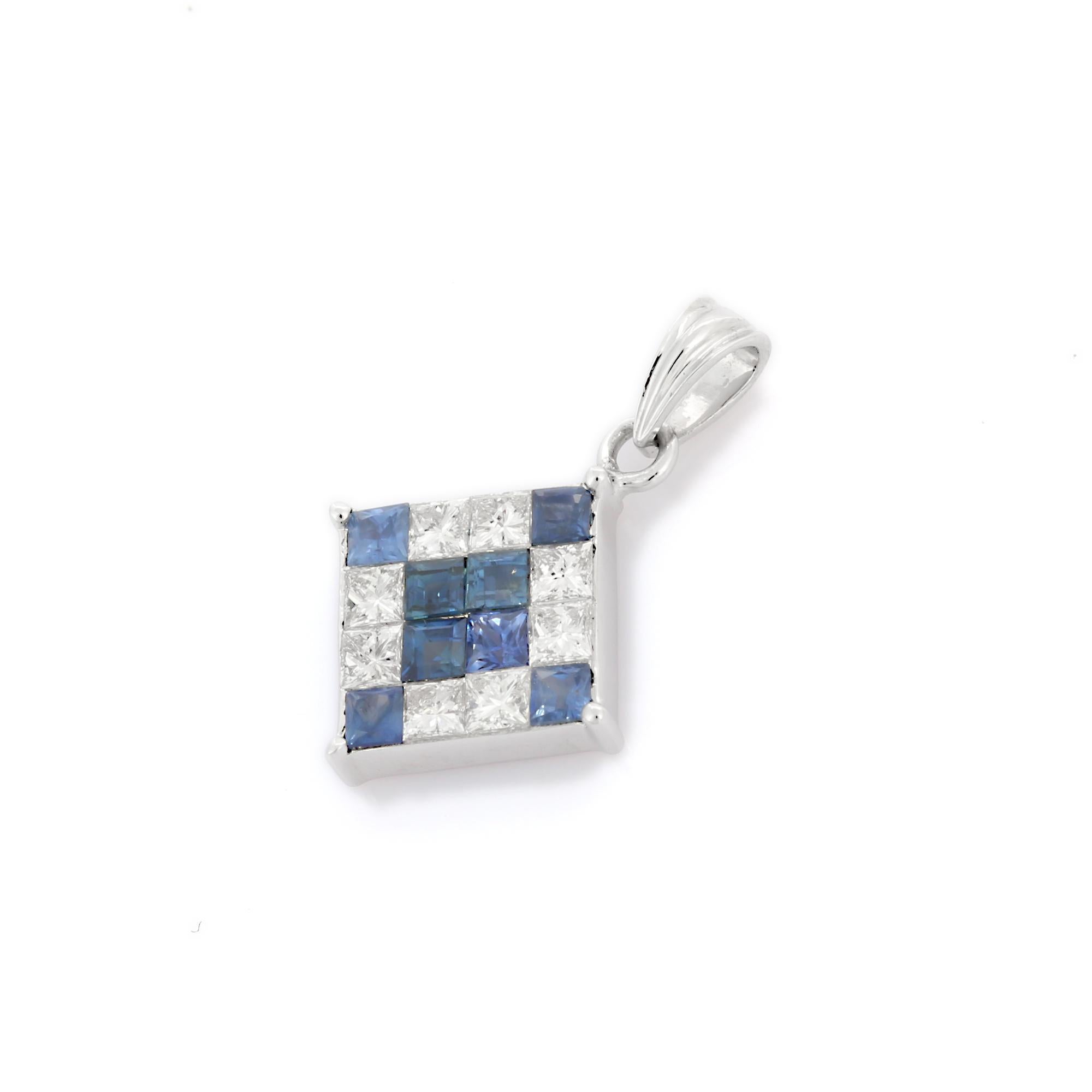 Square Cut 18K Solid White Gold Square Shape Blue Sapphire with Diamonds Pendant For Sale