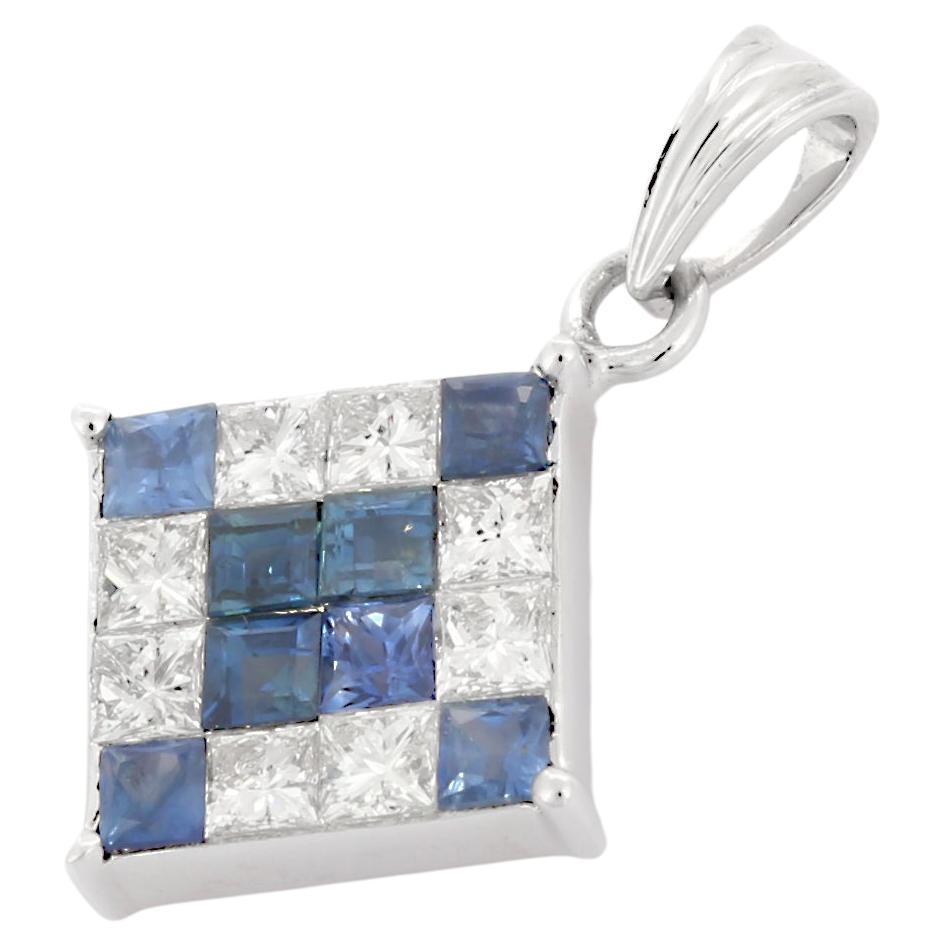 18K Solid White Gold Square Shape Blue Sapphire with Diamonds Pendant For Sale
