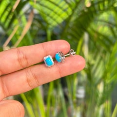 18K Solid White Gold Turquoise Cabochon Stud Earrings with 1.25 Ct Diamond Halo