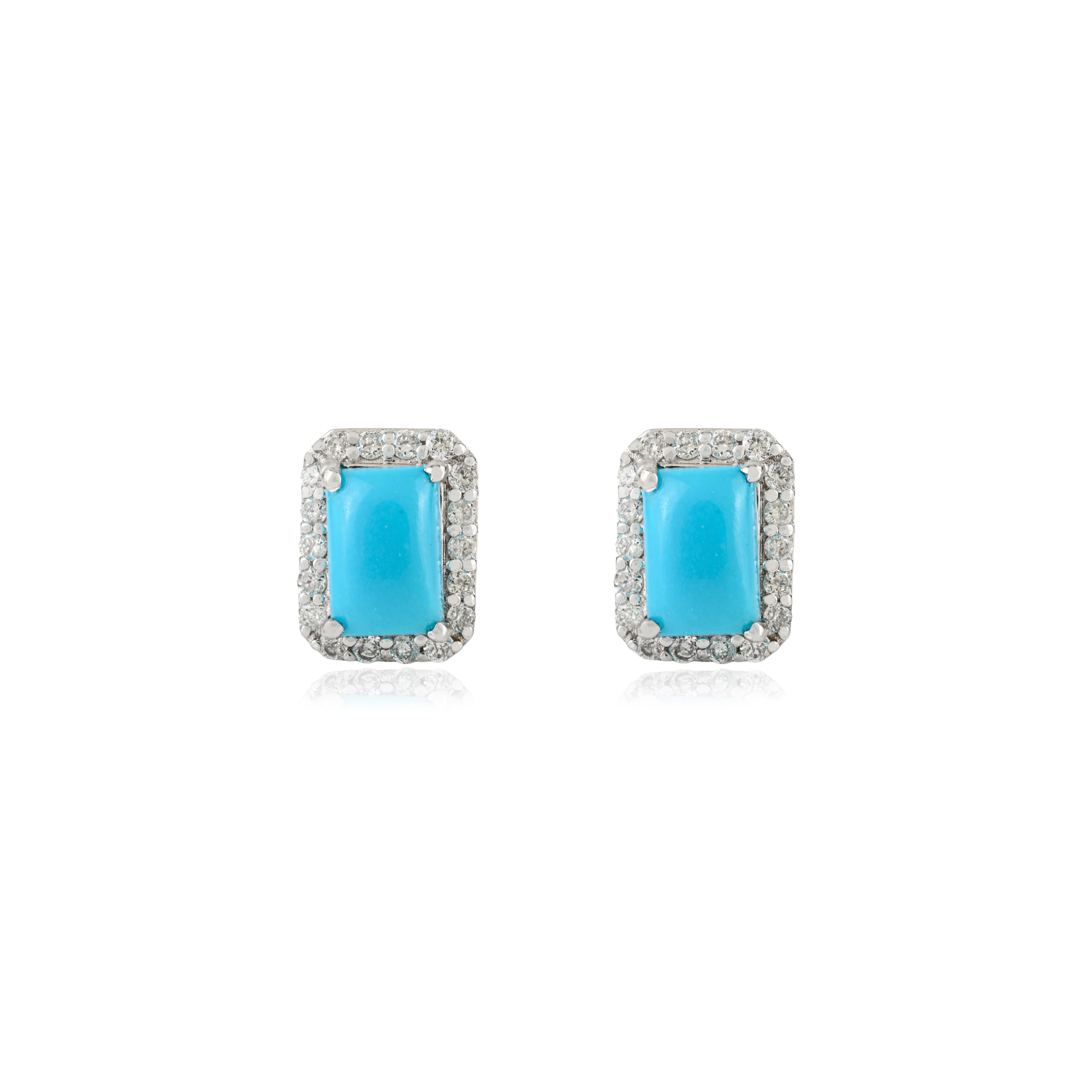 Orecchini a perno in oro bianco massiccio 18 carati con cabochon di turchese e diamante da 1,25 carati a raggiera In condizioni Nuovo in vendita a New York, NY
