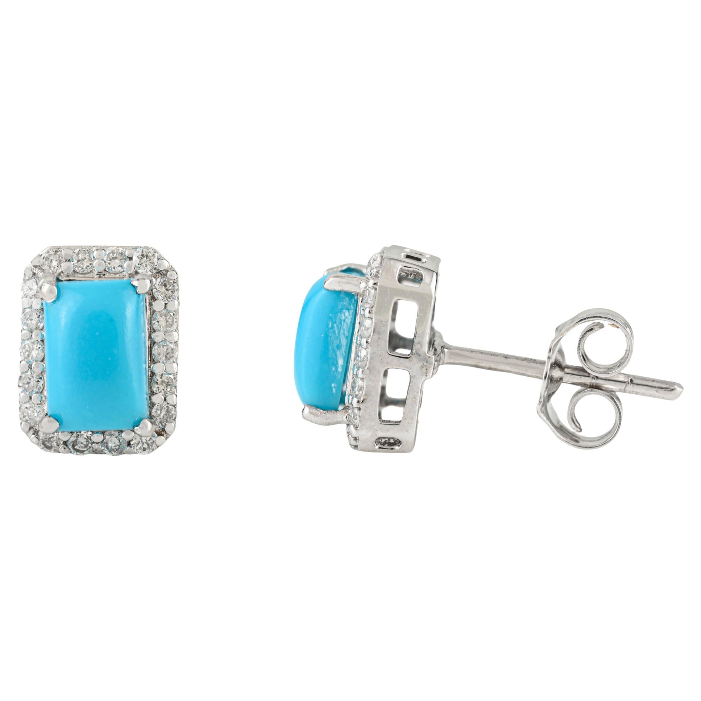 18K Solid White Gold Turquoise Cabochon Stud Earrings with 1.25 Ct Diamond Halo