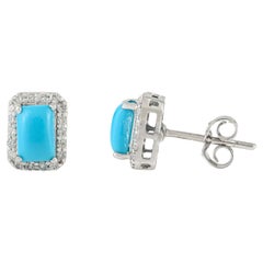 18K Solid White Gold Turquoise Cabochon Stud Earrings with 1.25 Ct Diamond Halo