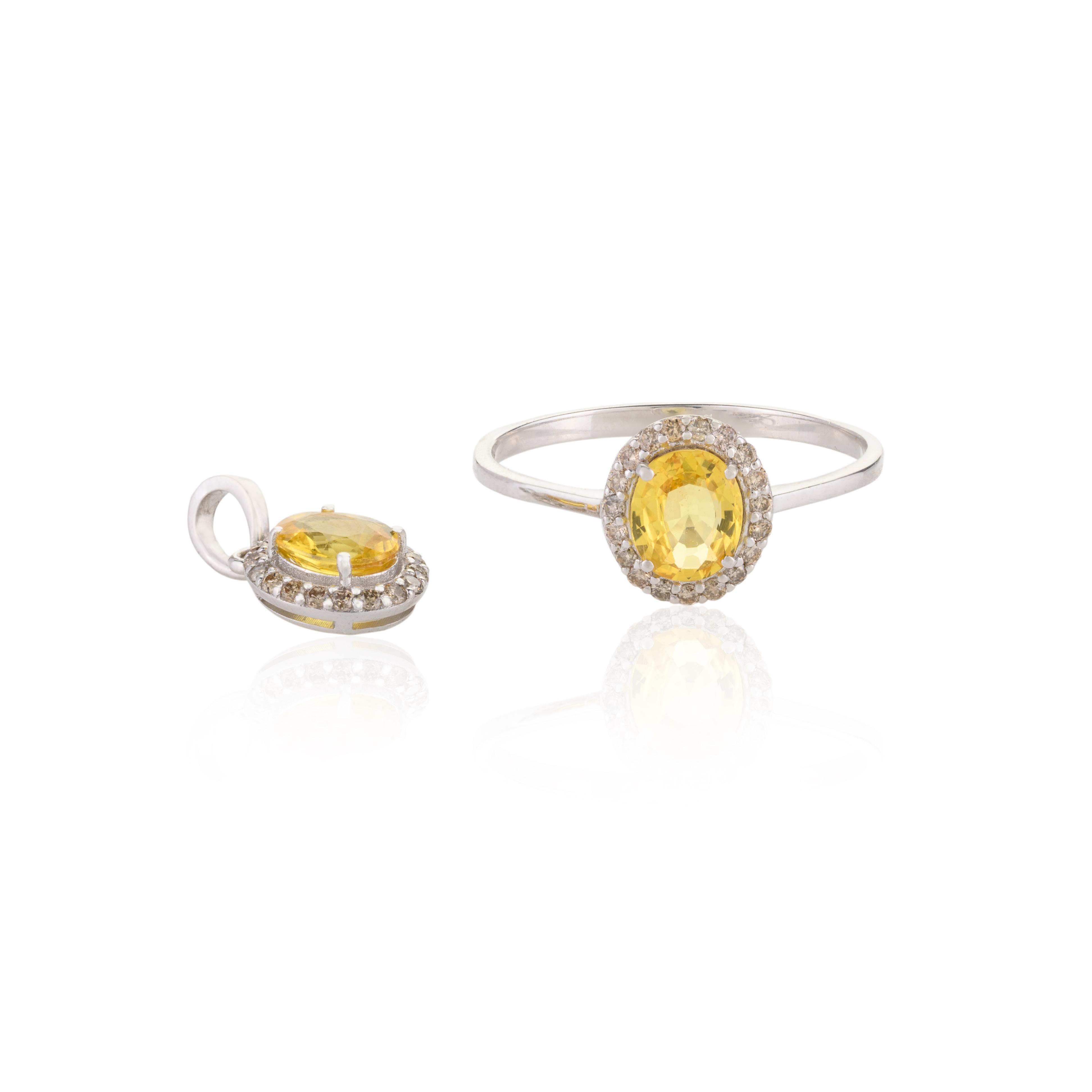 For Sale:  18k White Gold Yellow Sapphire Halo Diamond Ring and Pendant Jewelry Set for Her 12