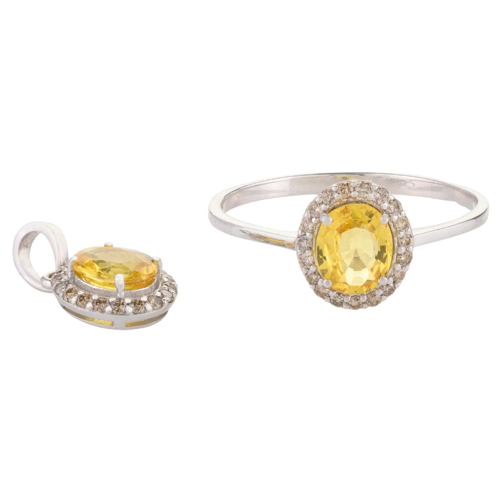 For Sale:  18k White Gold Yellow Sapphire Halo Diamond Ring and Pendant Jewelry Set for Her