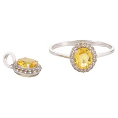 18k White Gold Yellow Sapphire Halo Diamond Ring and Pendant Jewelry Set for Her
