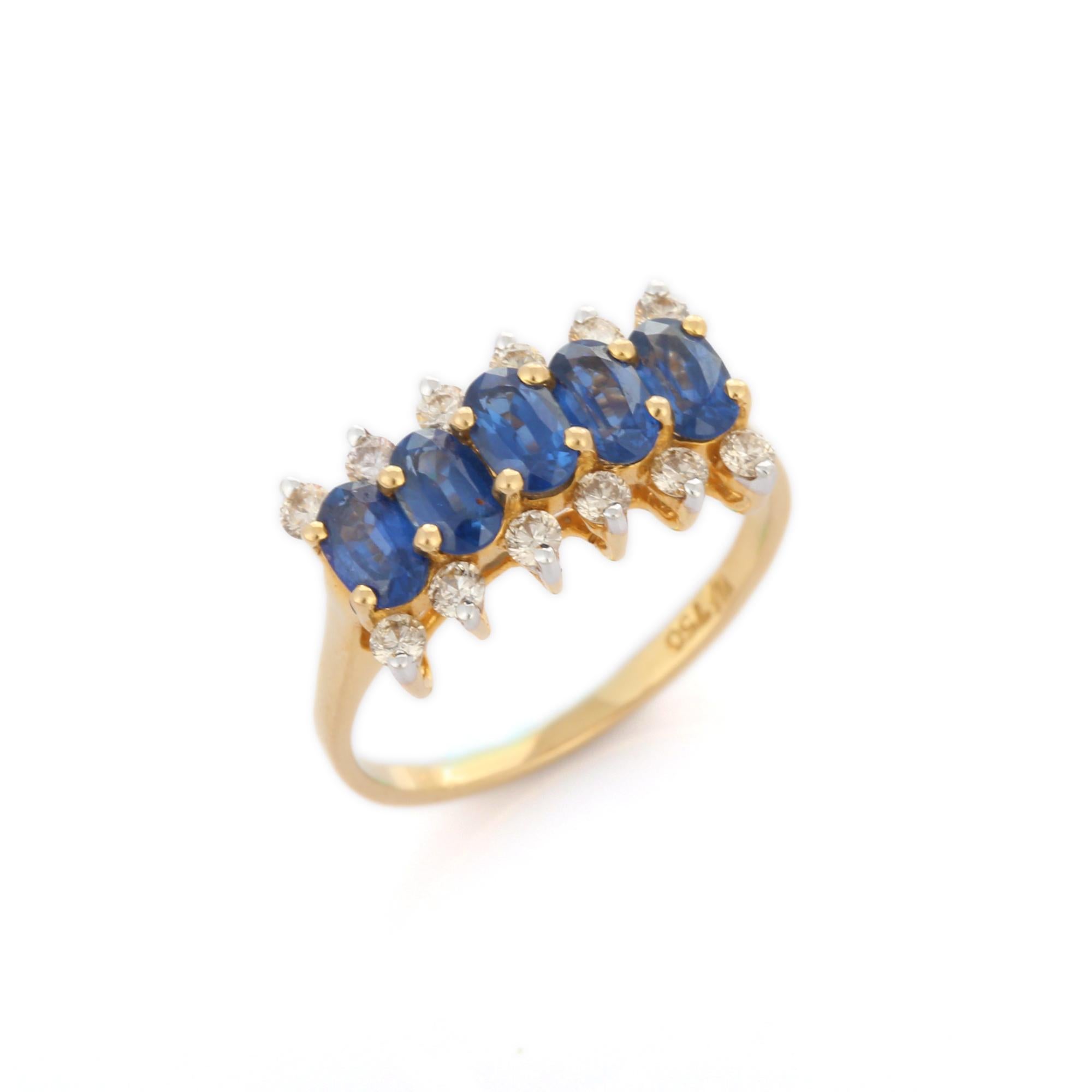 For Sale:  18K Yellow Gold Blue Sapphire and Diamond Half Eternity Engagement Ring 8