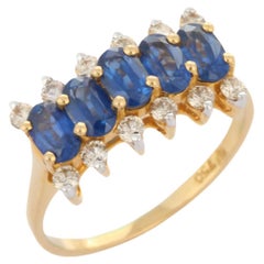 18K Yellow Gold Blue Sapphire and Diamond Half Eternity Engagement Ring
