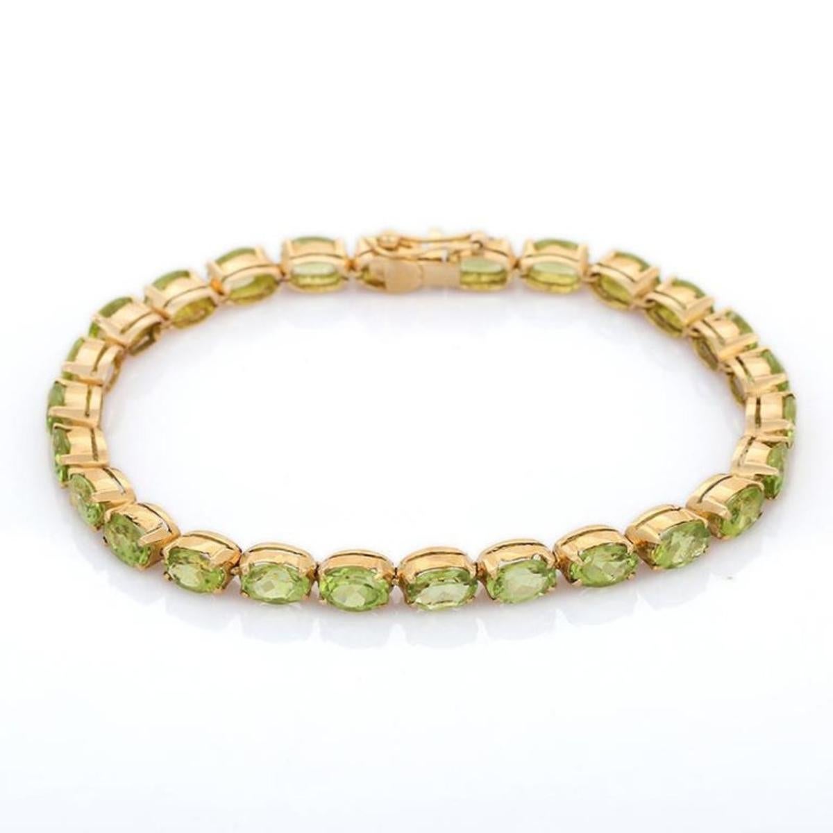 Art Deco 18k Solid Yellow Gold 18.5 CT Natural Oval Cut Peridot Tennis Bracelet for Women For Sale