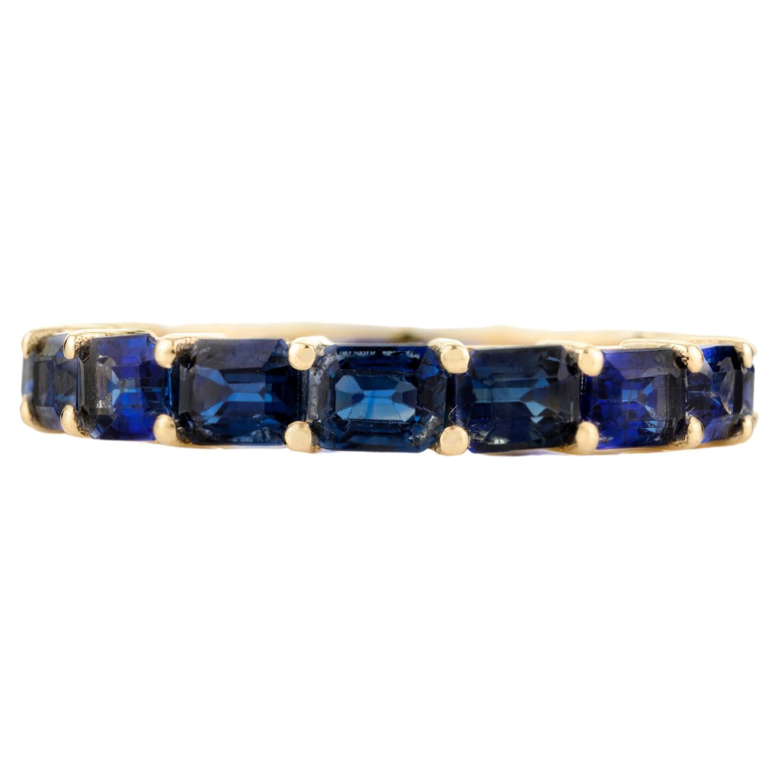 18k Solid Yellow Gold 4.03 Carat Baguette Cut Blue Sapphire Eternity Band Ring