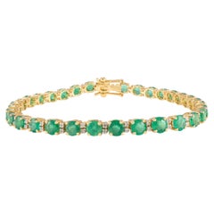 18k Yellow Gold Certified 7.9 CTW Round Cut Emerald and Diamond Tennis Bracelet
