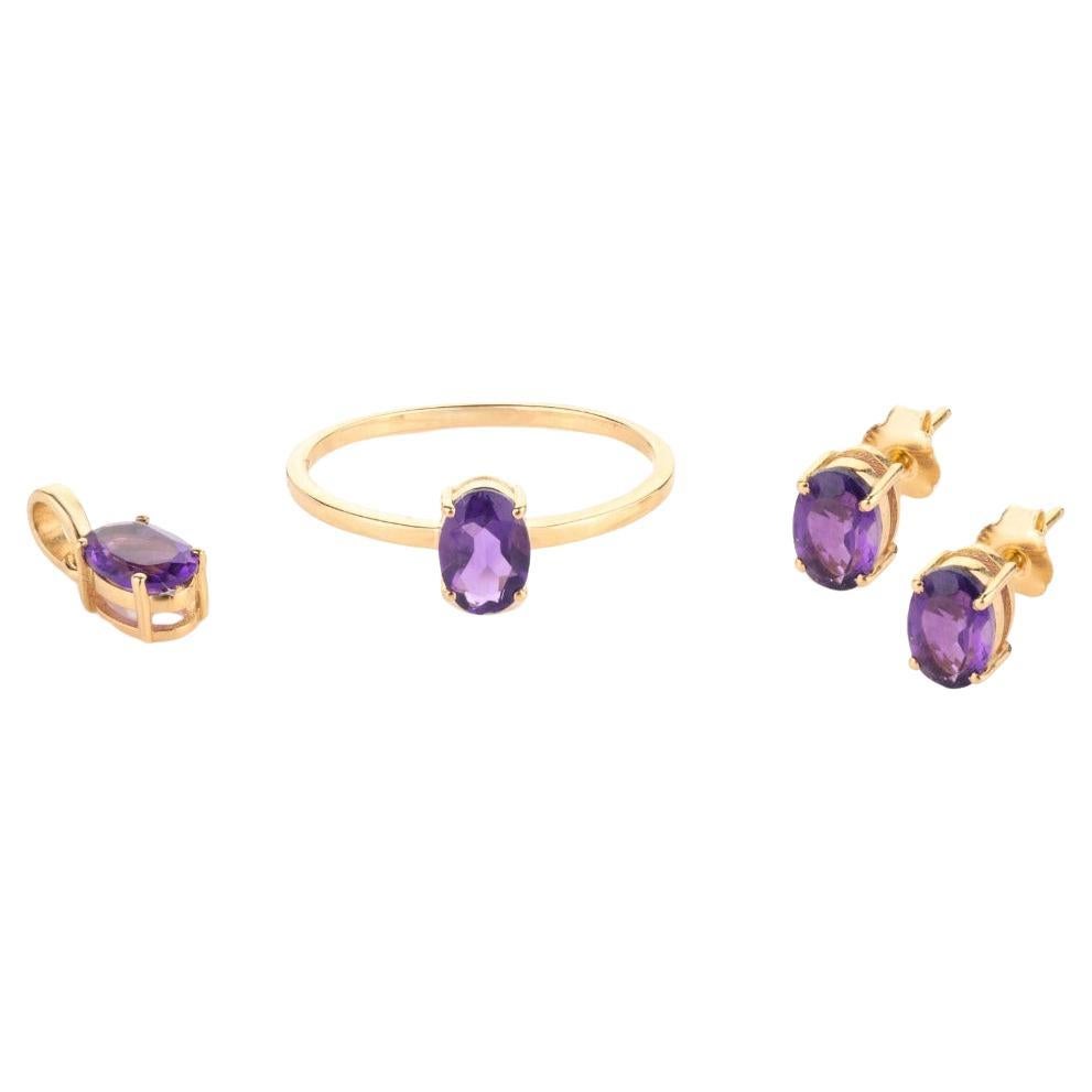 For Sale:  18k Solid Yellow Gold Amethyst Ring, Pendant and Earring Jewelry Set Gift