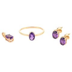 18k Solid Yellow Gold Amethyst Ring, Pendant and Earring Jewelry Set Gift