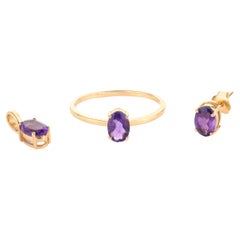 18k Solid Yellow Gold Amethyst Ring, Pendant and Earring Jewelry Set Gift