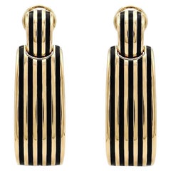 18k Solid Yellow Gold and Black Enamel ribbed half hoop earrings