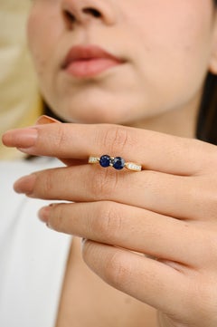 18k Solid Yellow Gold Two Stone Blue Sapphire Diamond Ring Wedding Gift for Her