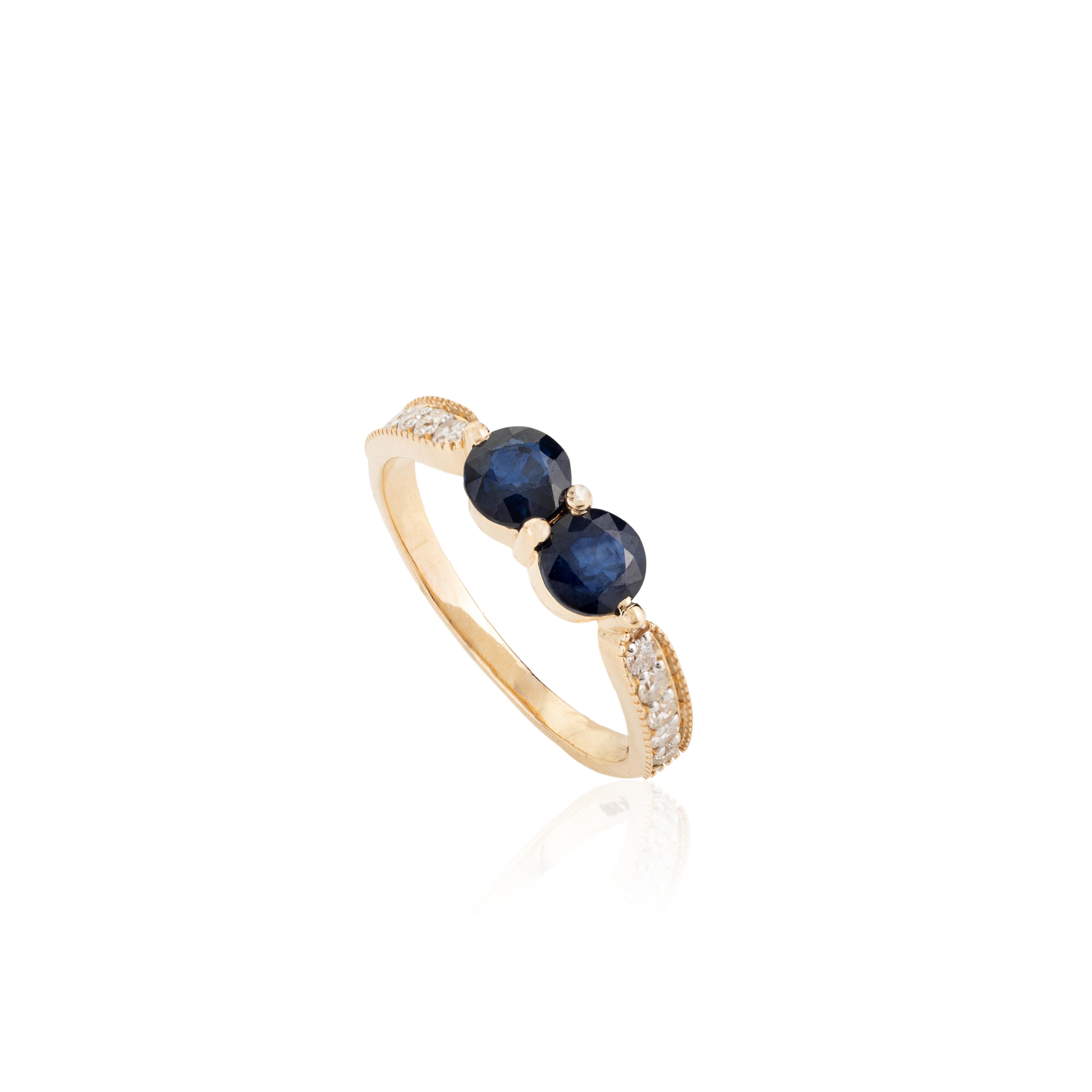 Im Angebot: 18 Karat massives Gelbgold Ring mit zwei Steinen, blauem Saphir und Diamant, Hochzeitsgeschenk für sie () 8