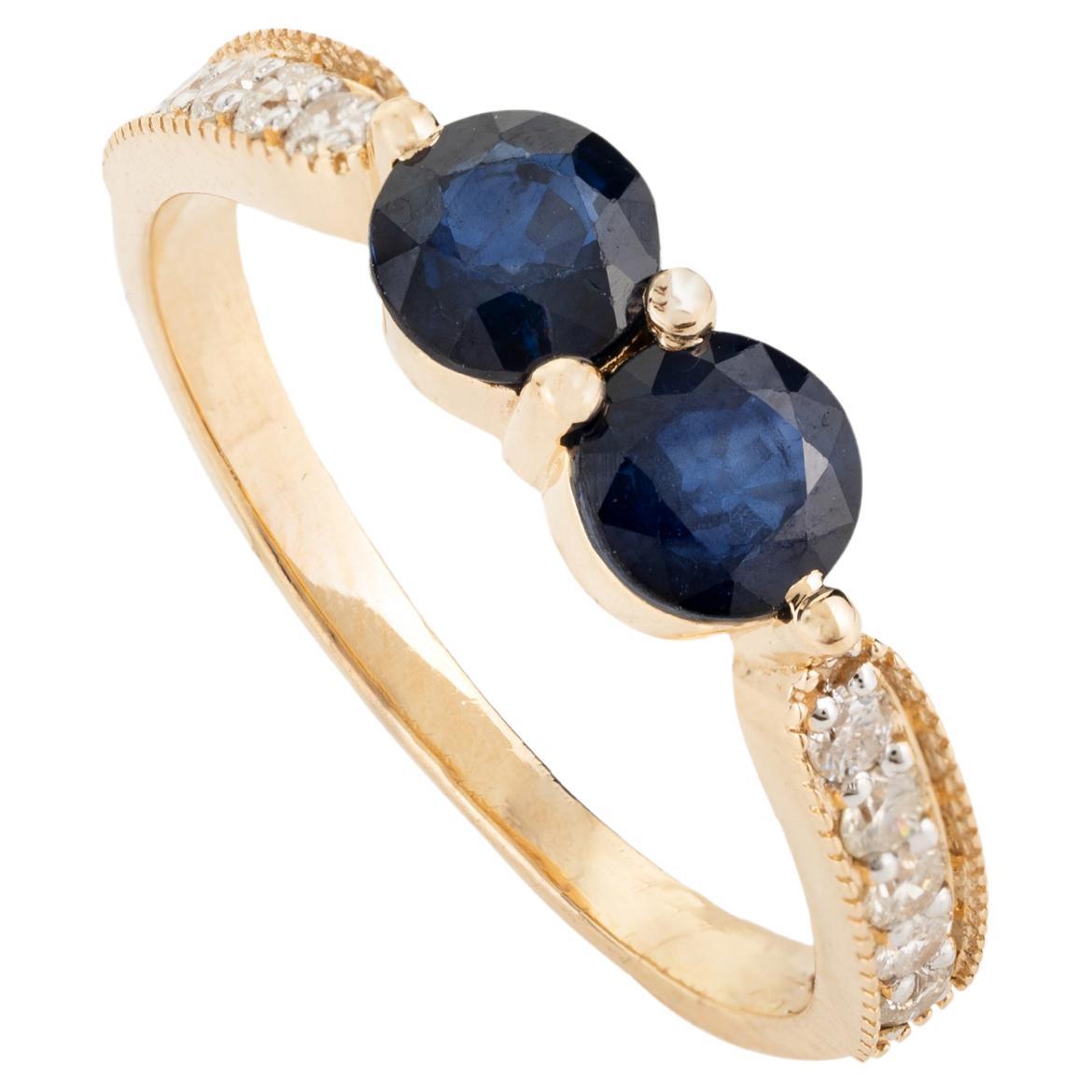 18 Karat massives Gelbgold Ring mit zwei Steinen, blauem Saphir und Diamant, Hochzeitsgeschenk für sie