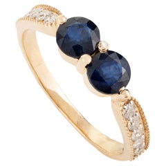 18k Solid Yellow Gold Two Stone Blue Sapphire Diamond Ring Wedding Gift for Her