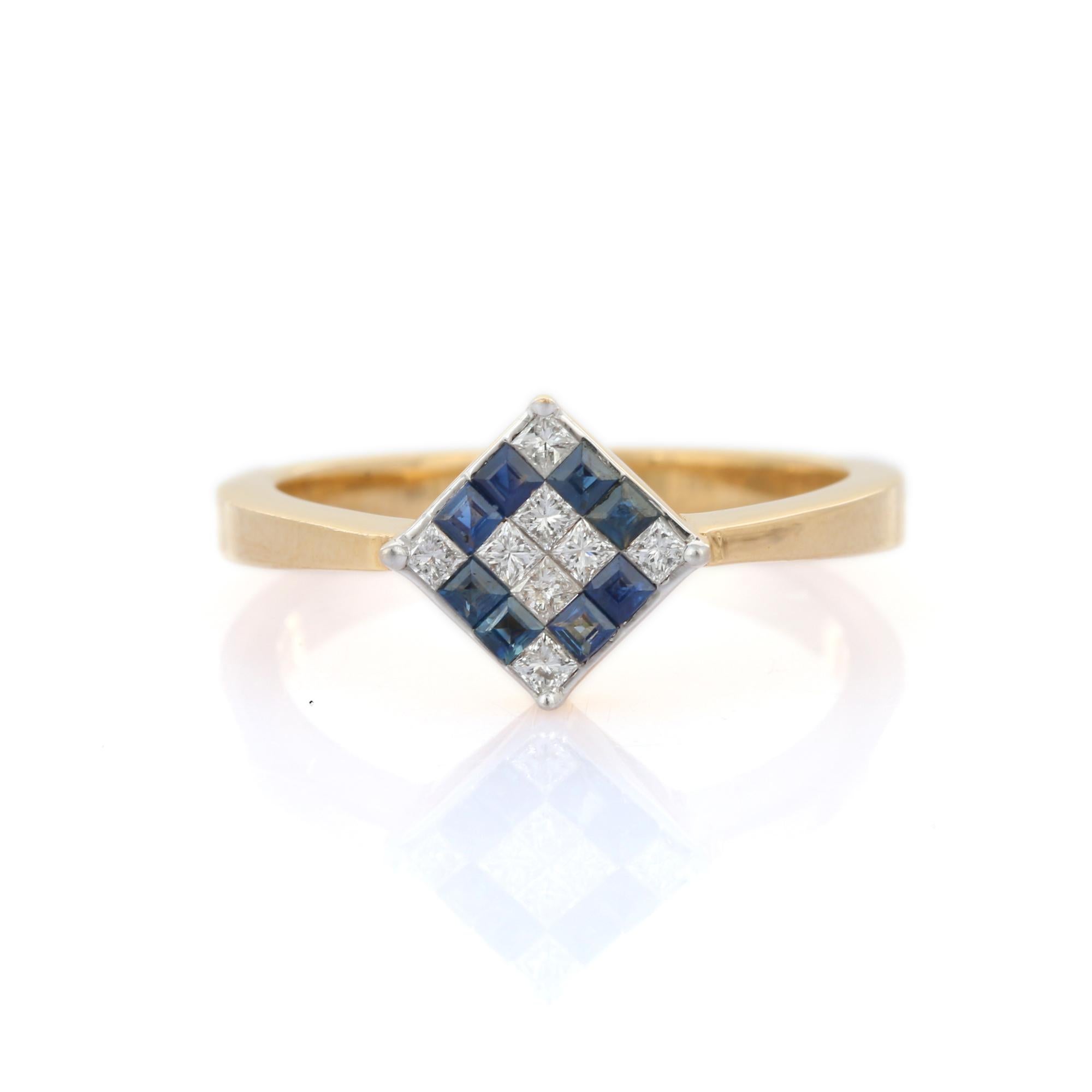 For Sale:  Blue Sapphire and Diamond Square Ring Studded in 18k Solid Yellow Gold  2