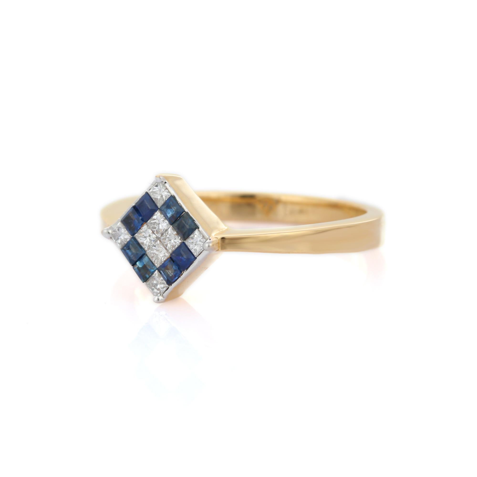For Sale:  Blue Sapphire and Diamond Square Ring Studded in 18k Solid Yellow Gold  3