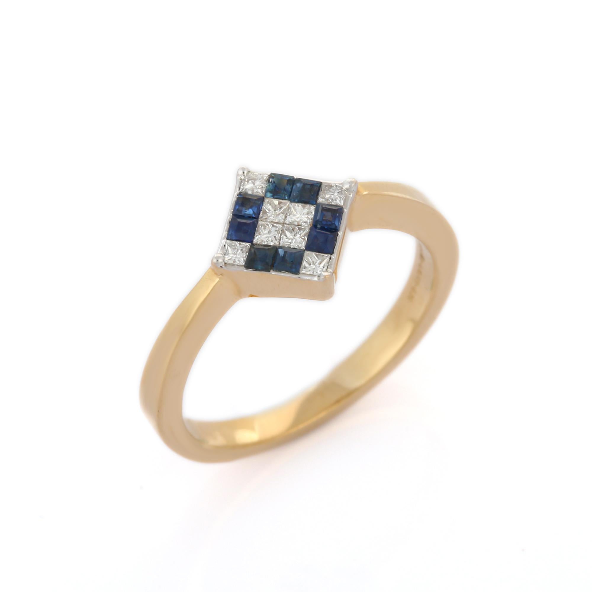 For Sale:  Blue Sapphire and Diamond Square Ring Studded in 18k Solid Yellow Gold  5