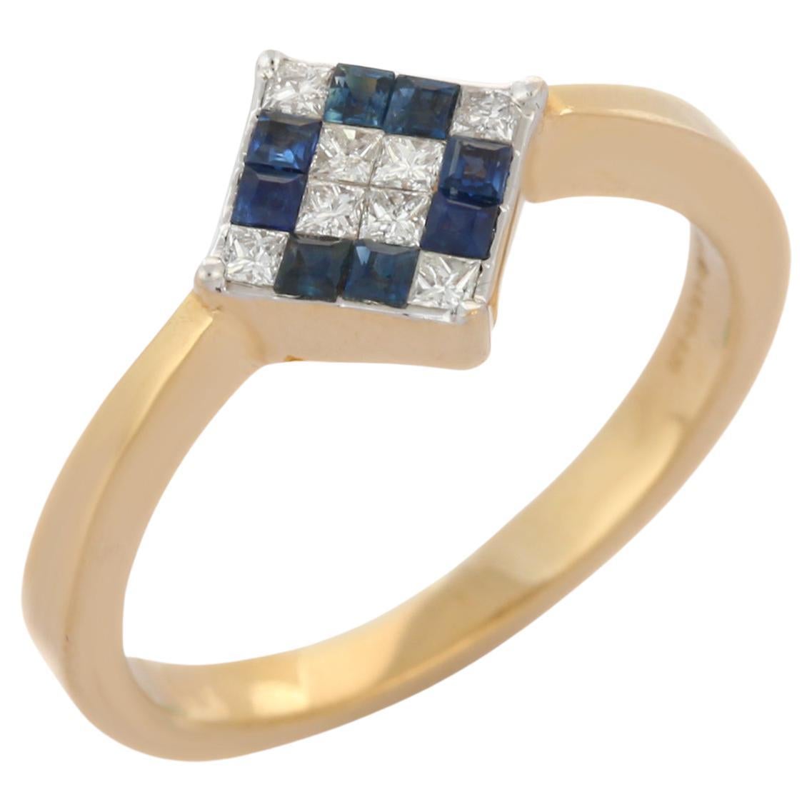 For Sale:  Blue Sapphire and Diamond Square Ring Studded in 18k Solid Yellow Gold