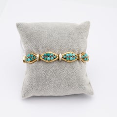 18k solid yellow gold bracelet - Vintage Italian turquoises & ruby bangle