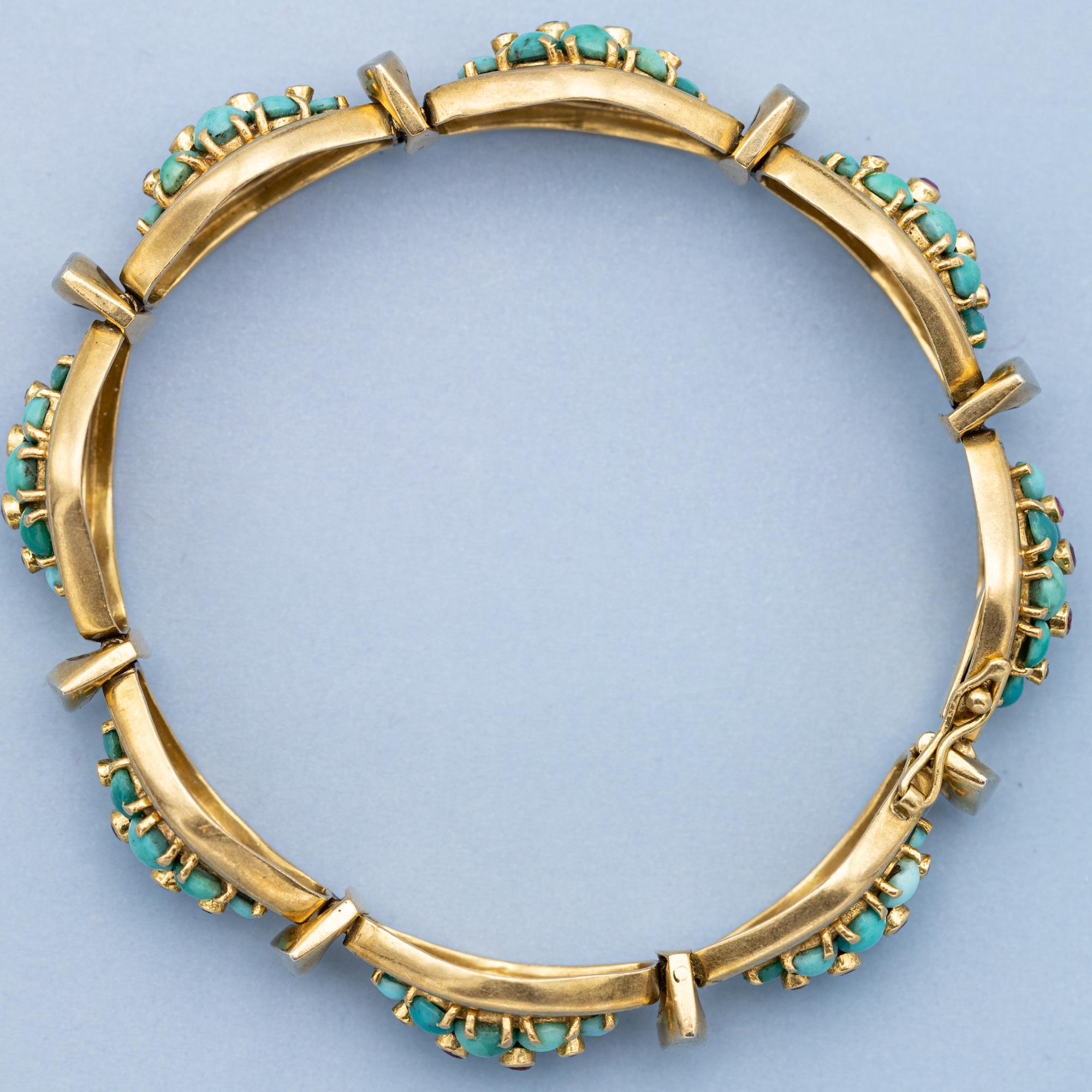 Cabochon 18k solid yellow gold bracelet - Vintage Italian turquoises & ruby bangle