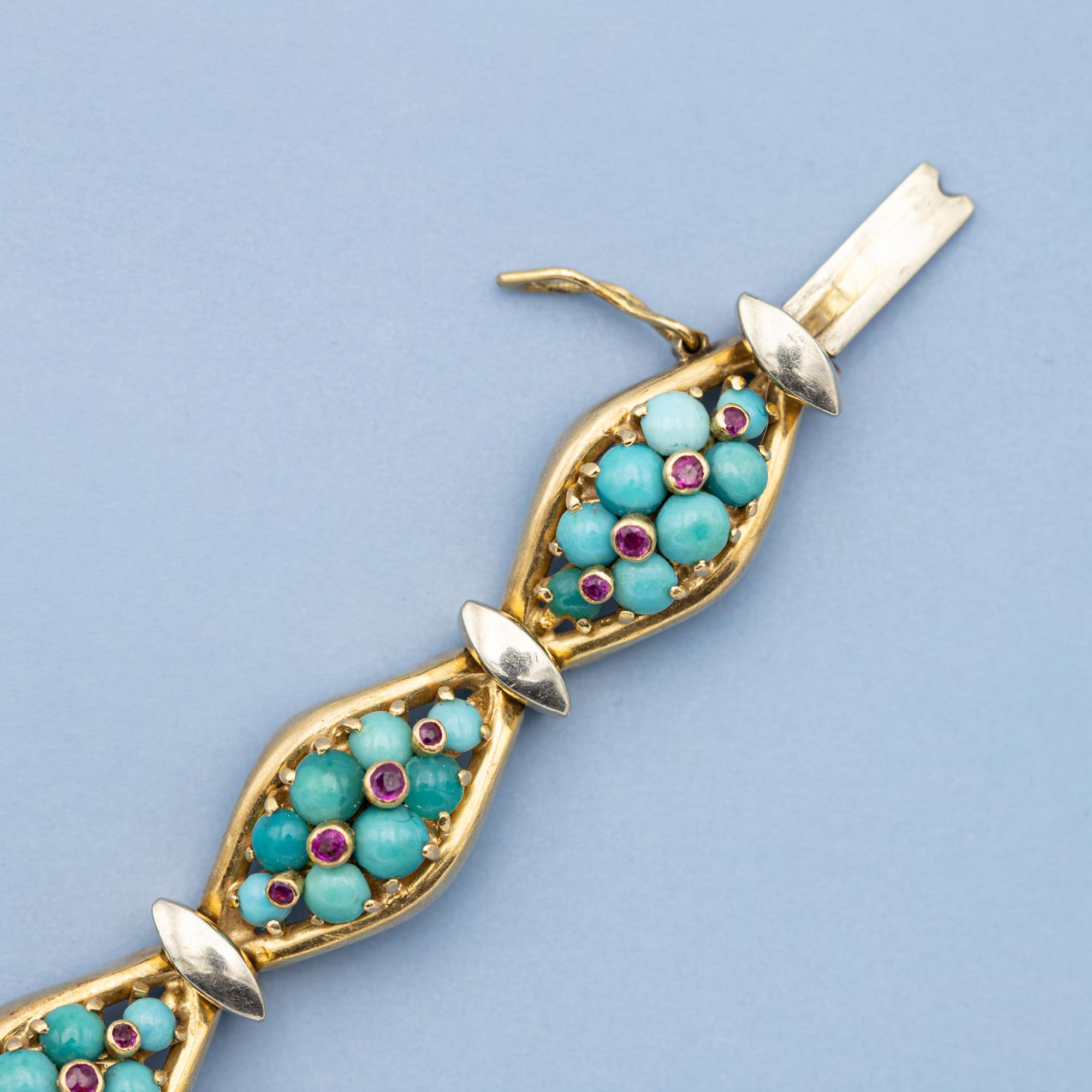 18k solid yellow gold bracelet - Vintage Italian turquoises & ruby bangle In Good Condition In Antwerp, BE