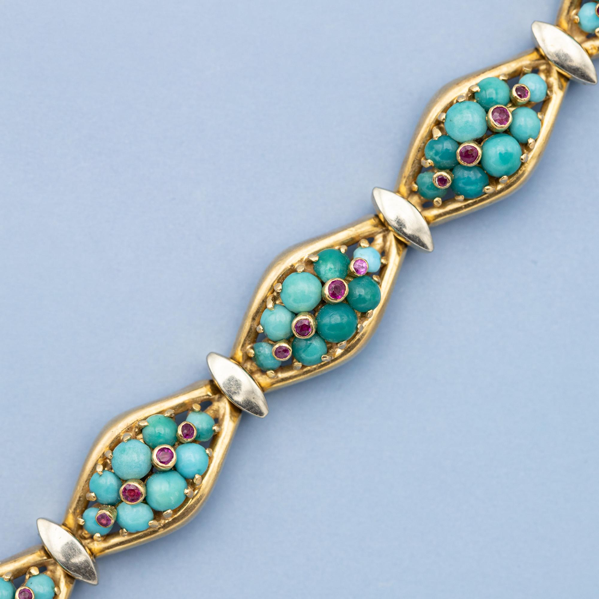 Women's or Men's 18k solid yellow gold bracelet - Vintage Italian turquoises & ruby bangle