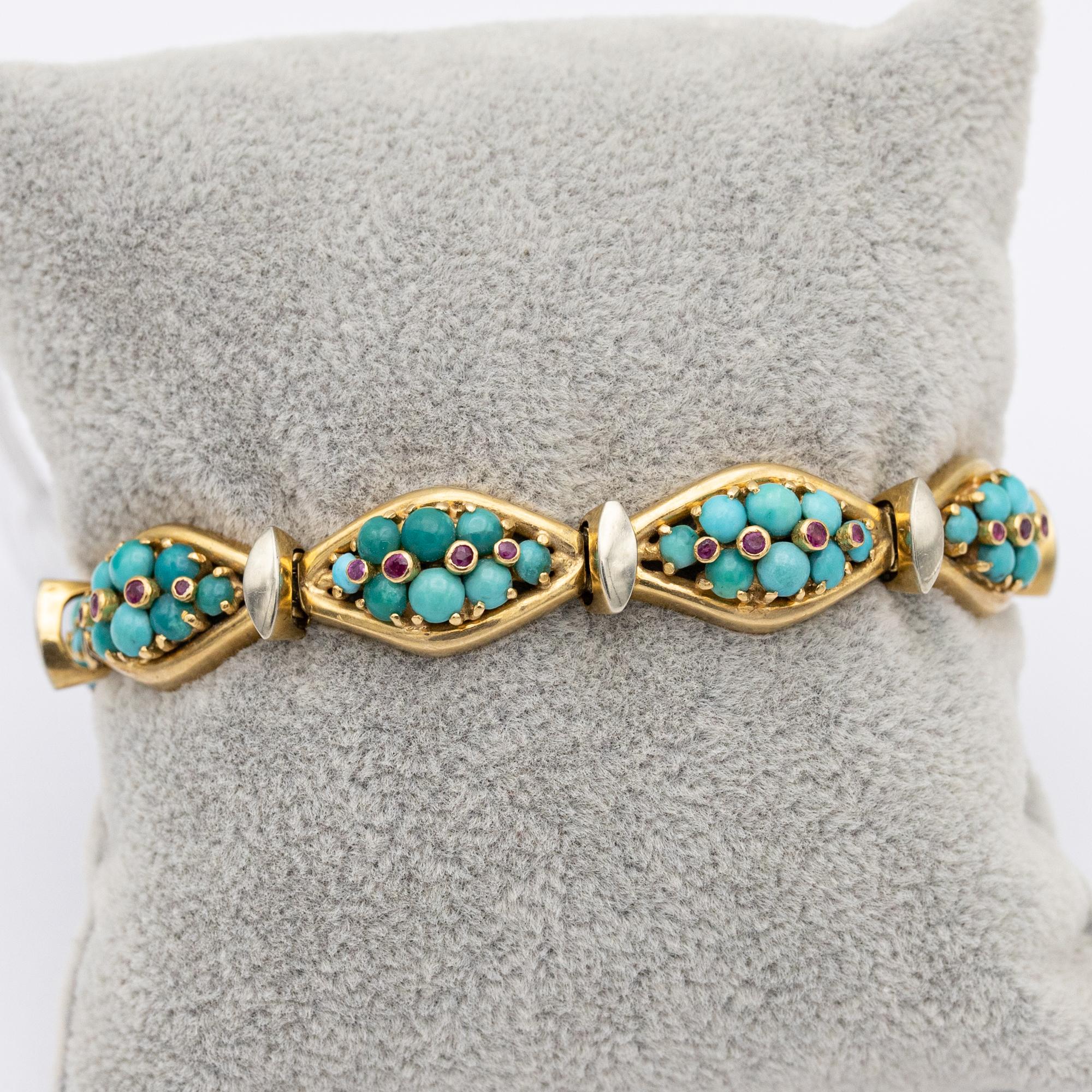 18k solid yellow gold bracelet - Vintage Italian turquoises & ruby bangle 1