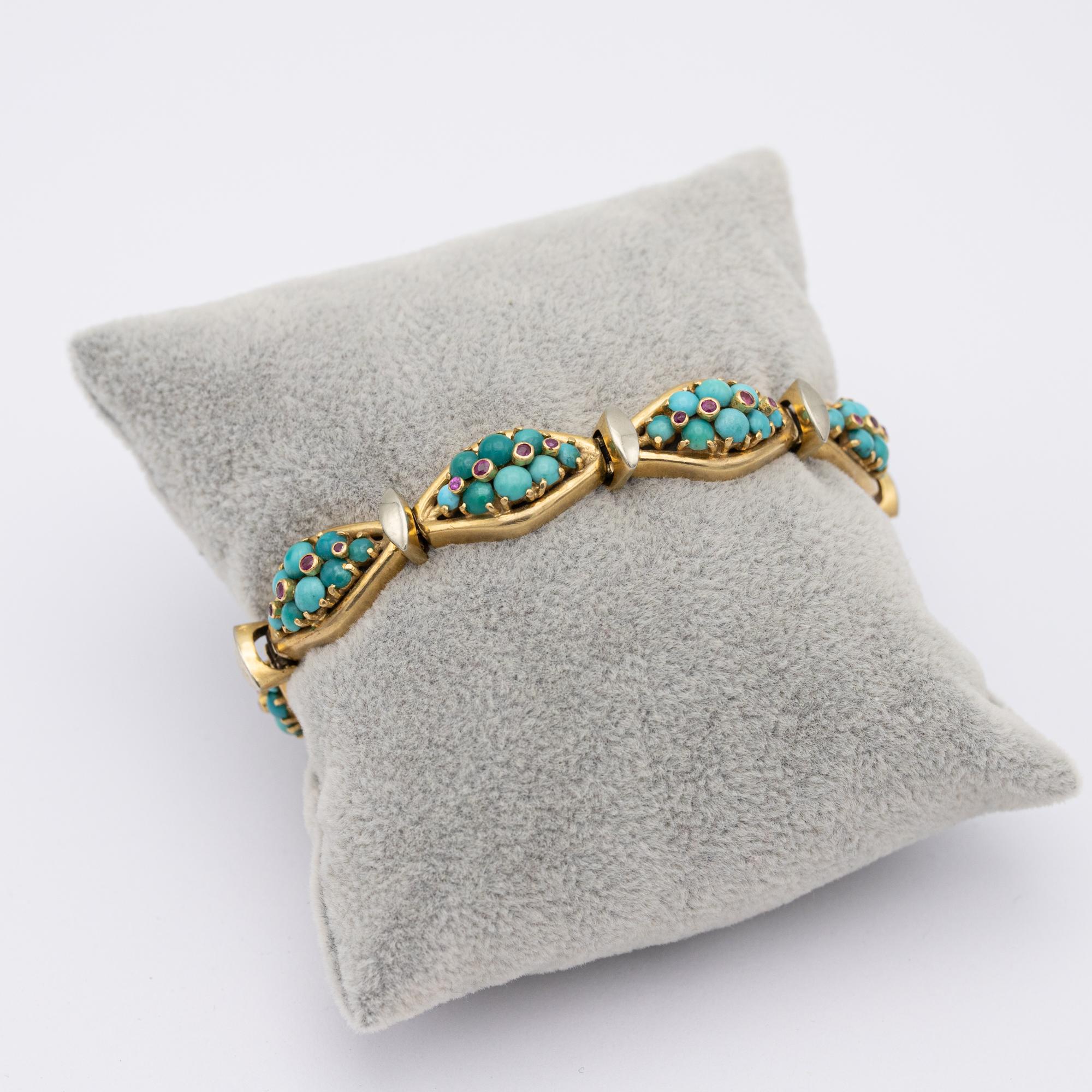18k solid yellow gold bracelet - Vintage Italian turquoises & ruby bangle 2