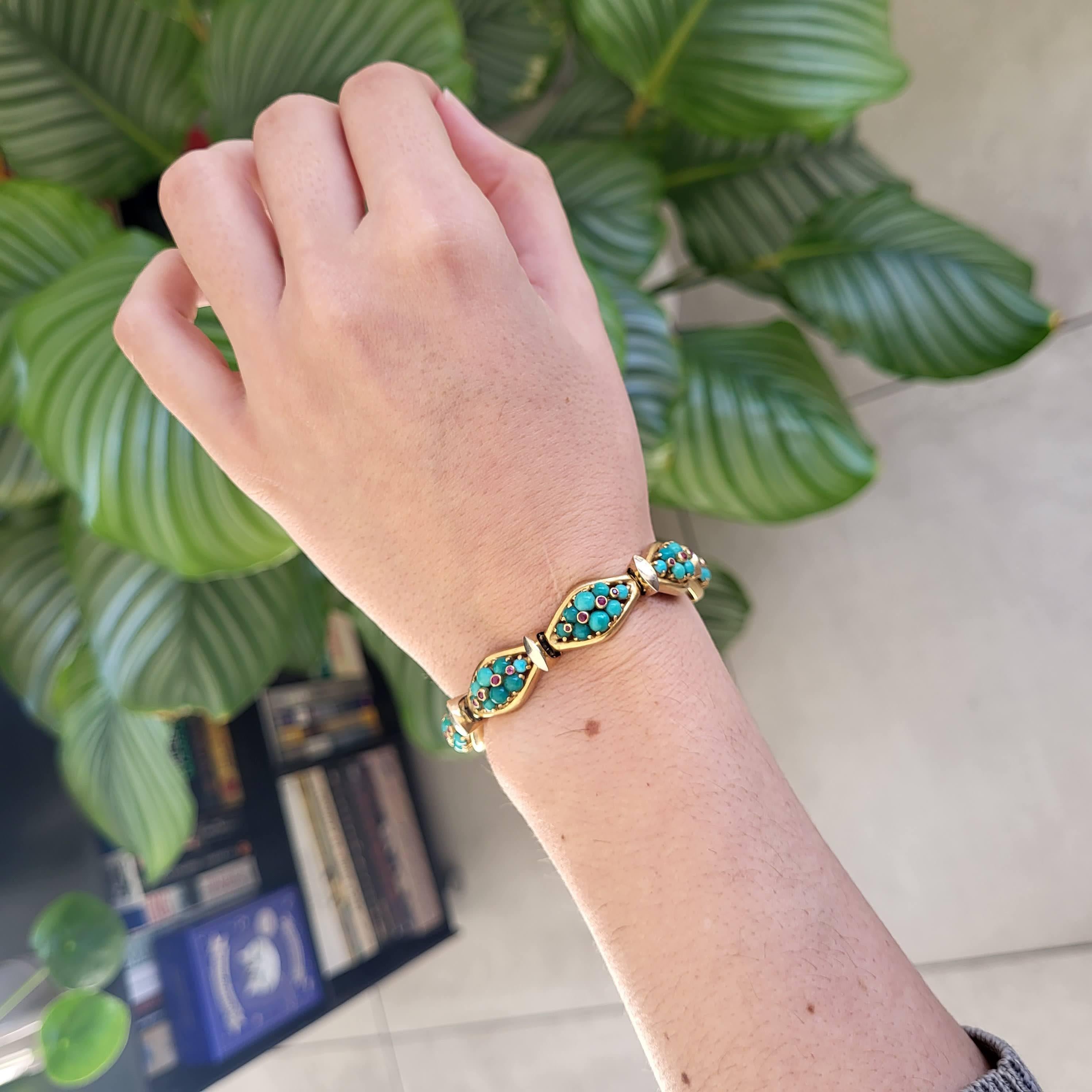 18k solid yellow gold bracelet - Vintage Italian turquoises & ruby bangle 3