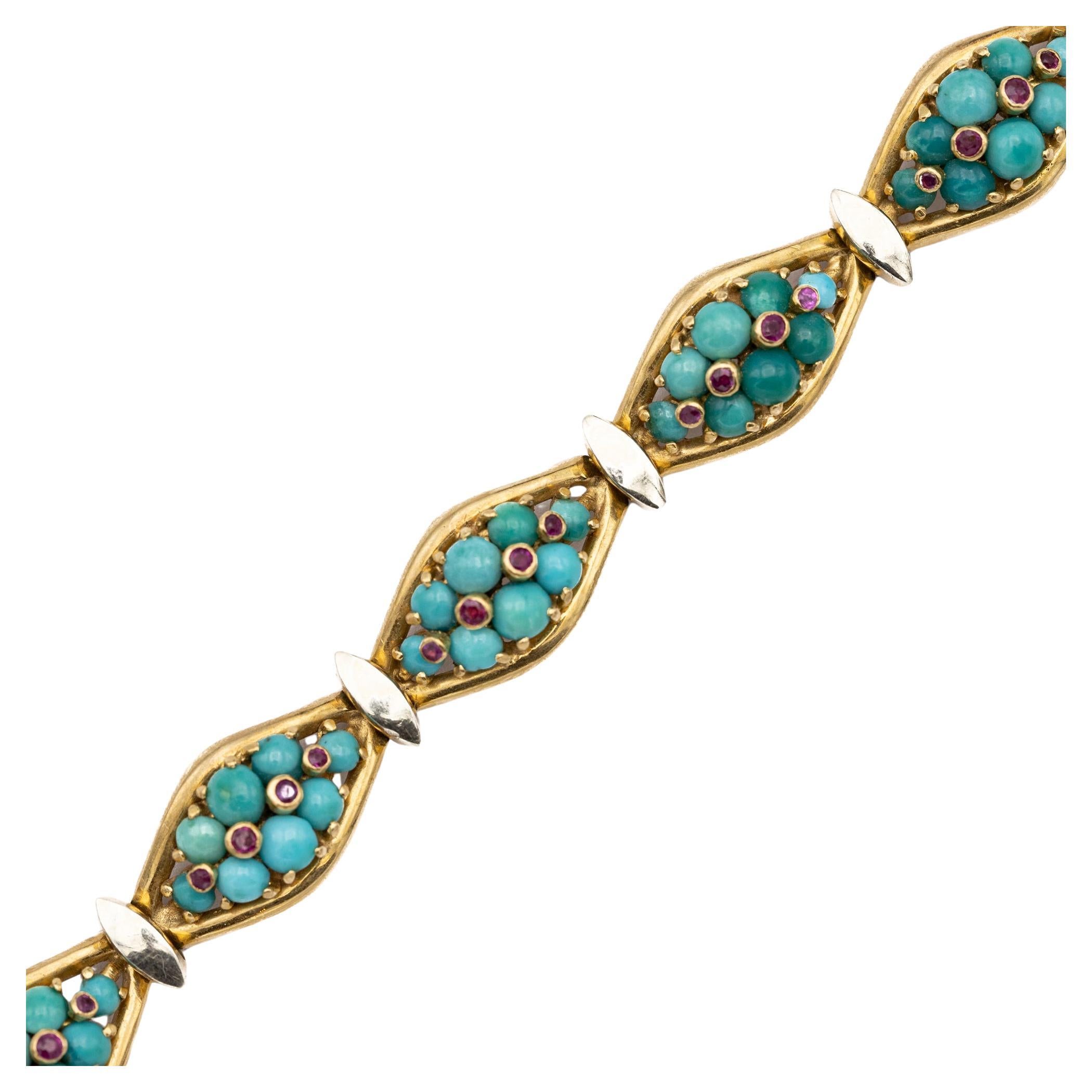 18k solid yellow gold bracelet - Vintage Italian turquoises & ruby bangle