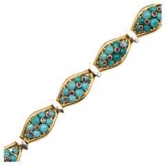 18k solid yellow gold bracelet - Vintage Italian turquoises & ruby bangle