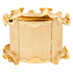 18k Solid Yellow Gold Brushed Ruffle Edge Very Wide Hinged Bangle Bracelet