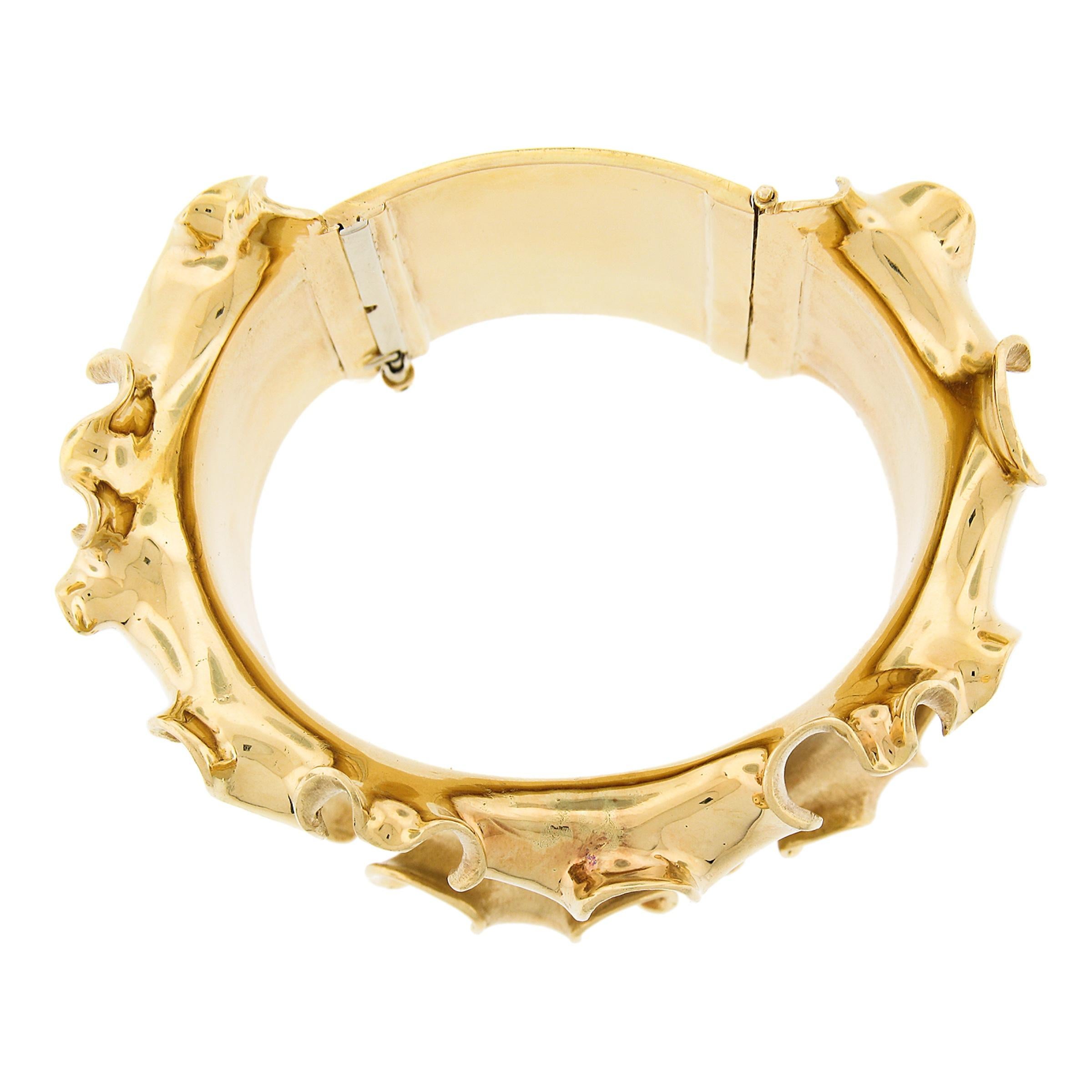 18k Solid Yellow Gold Brushed Ruffle Edge Very Wide Hinged Bangle Bracelet For Sale 3